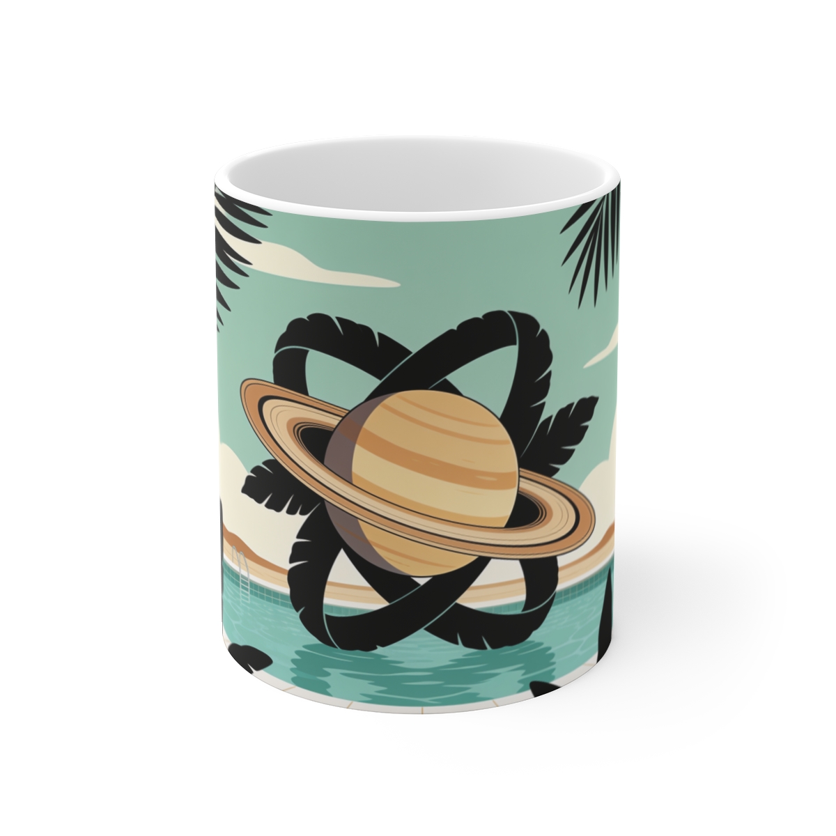HD Ringed planet over a pool interlocking with broad plant silhouettes Ceramic Mug 11oz