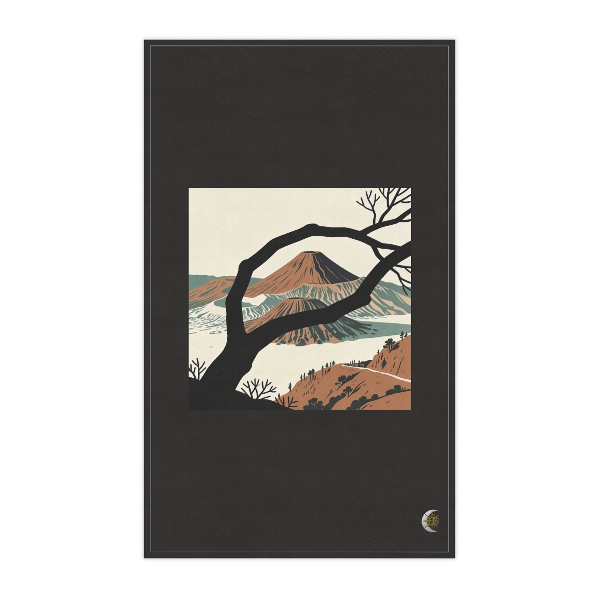 HD Rounded volcano framed by one foreground branch 100% Cotton Twill Tea Towel
