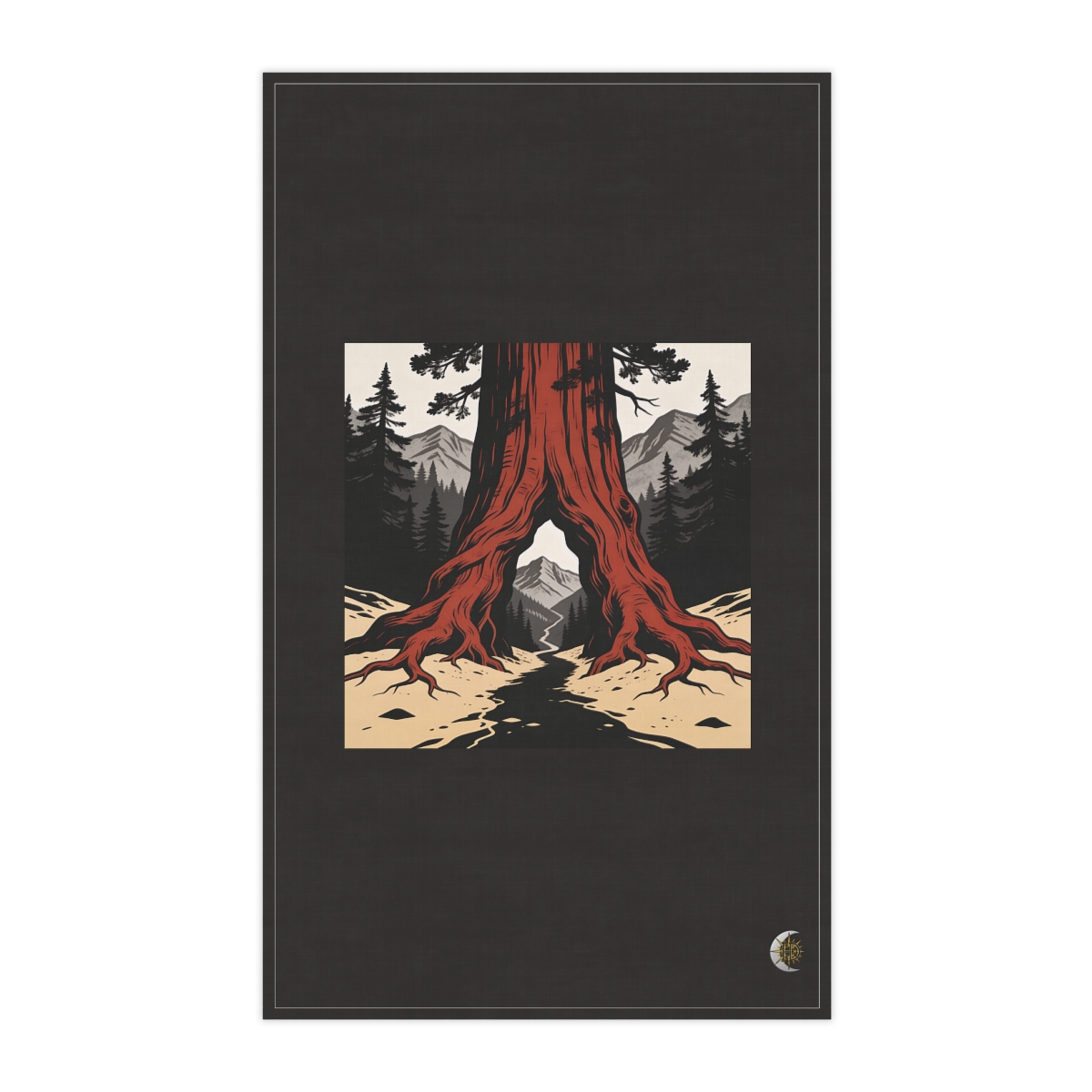 HD Redwood root flare framing a narrow distant mountain pass 100% Cotton Twill Tea Towel