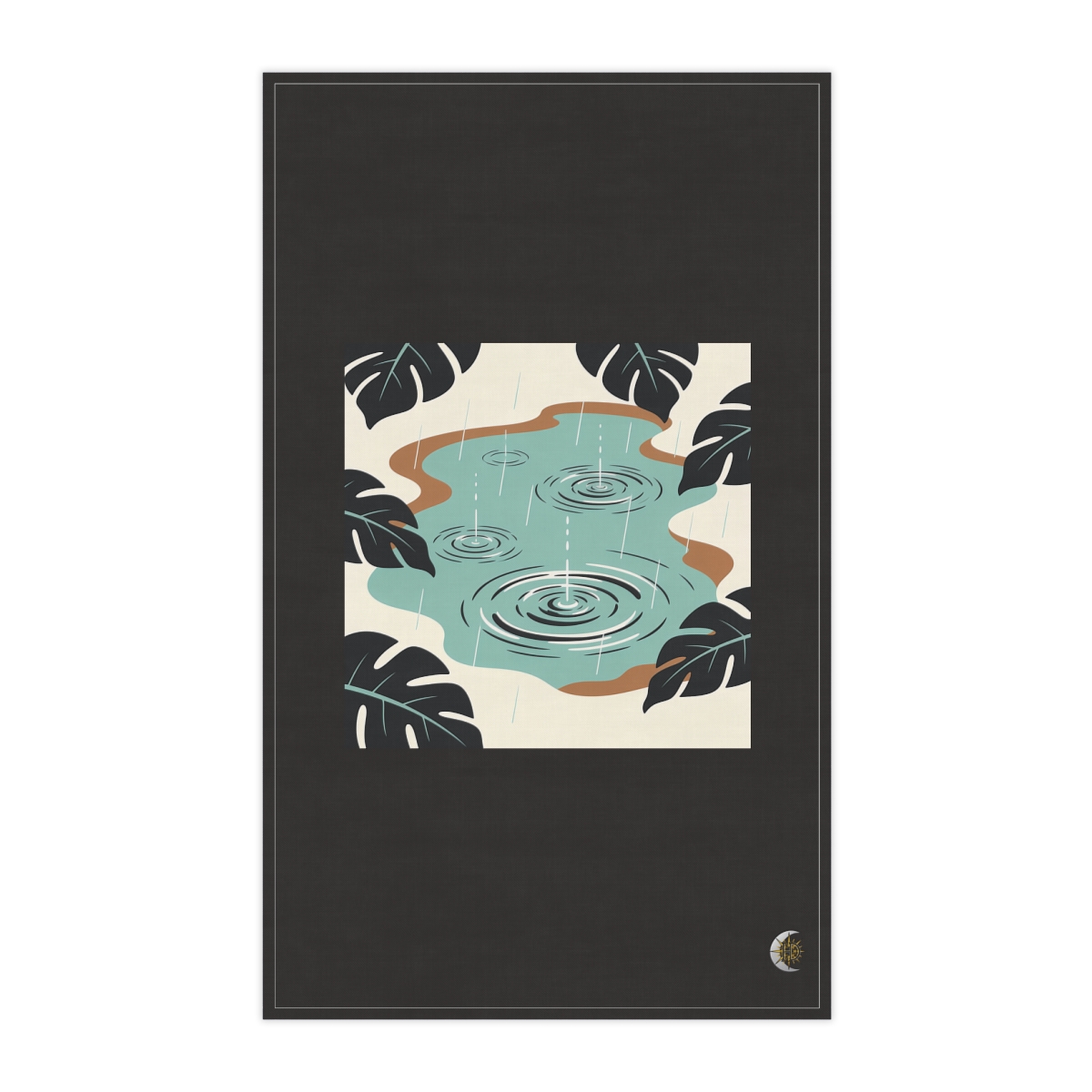 HD Rain rings on water framed by overlapping leaf silhouettes 100% Cotton Twill Tea Towel