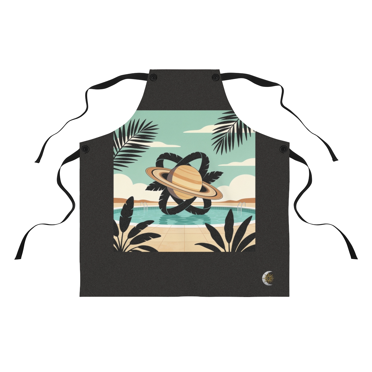 HD Ringed planet over a pool interlocking with broad plant silhouettes Polyester Kitchen Apron
