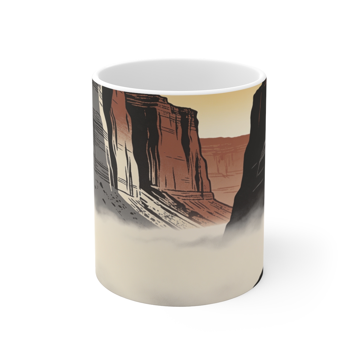 HD Slot canyon rising above a broad belt of fog Ceramic Mug 11oz