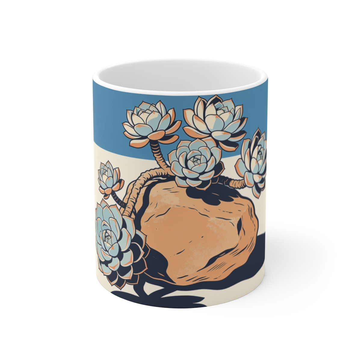 HD Living-stone succulents balanced beside an irregular clay-colored rock Ceramic Mug 11oz