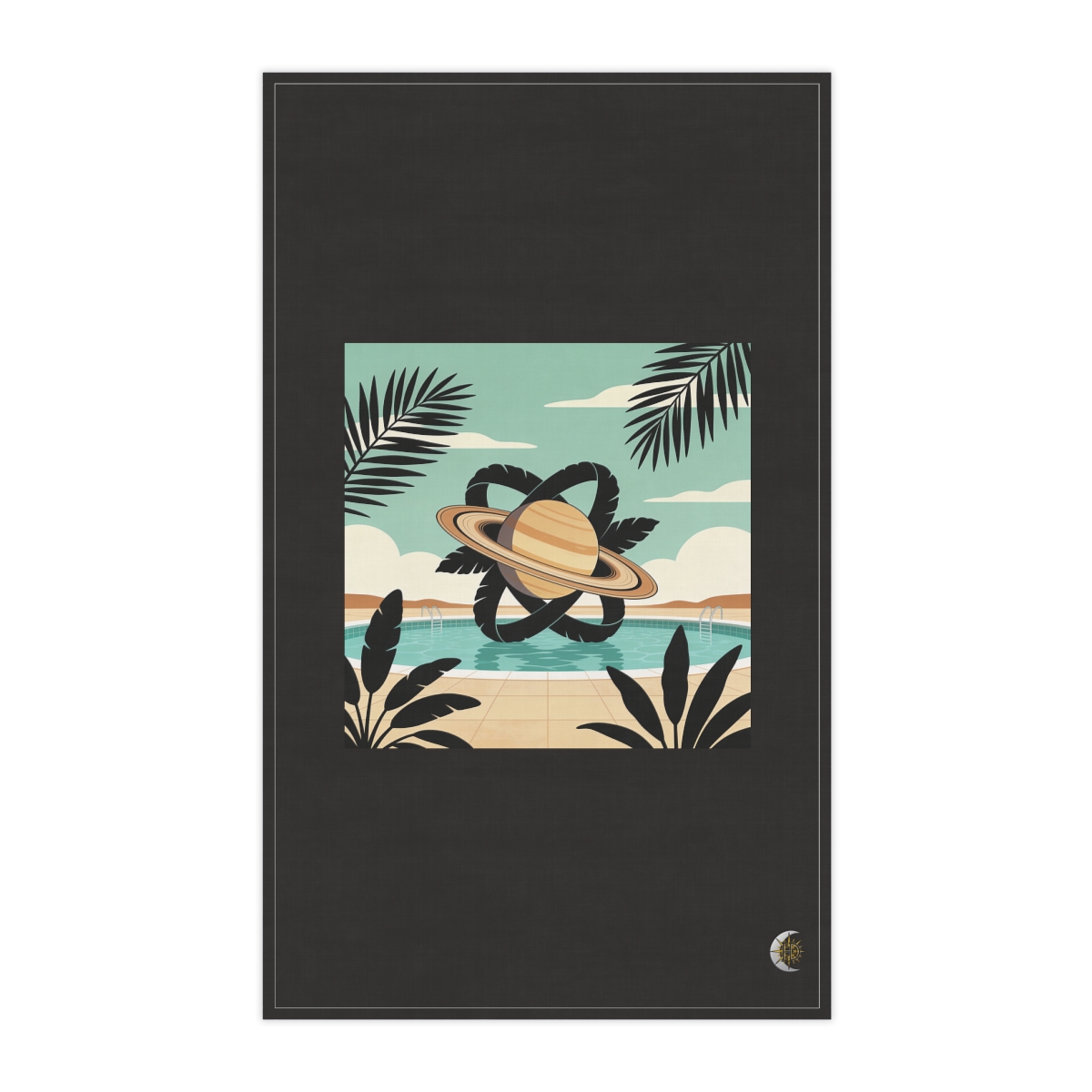 HD Ringed planet over a pool interlocking with broad plant silhouettes 100% Cotton Twill Tea Towel
