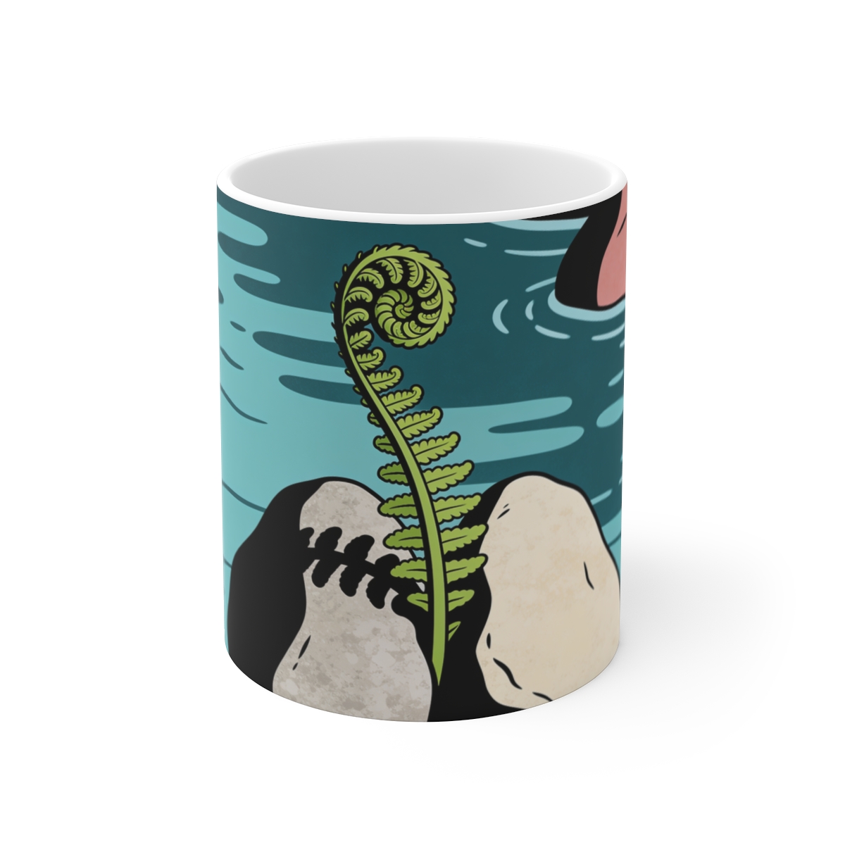 HD Unfurling fern emerging between two broad river stones Ceramic Mug 11oz