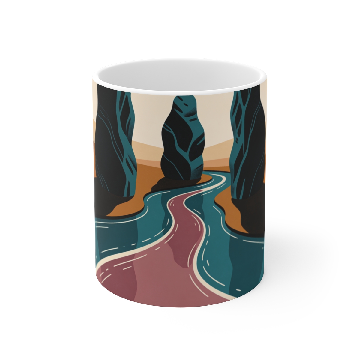 HD Narrow estuary flowing between three sculptural stone masses Ceramic Mug 11oz