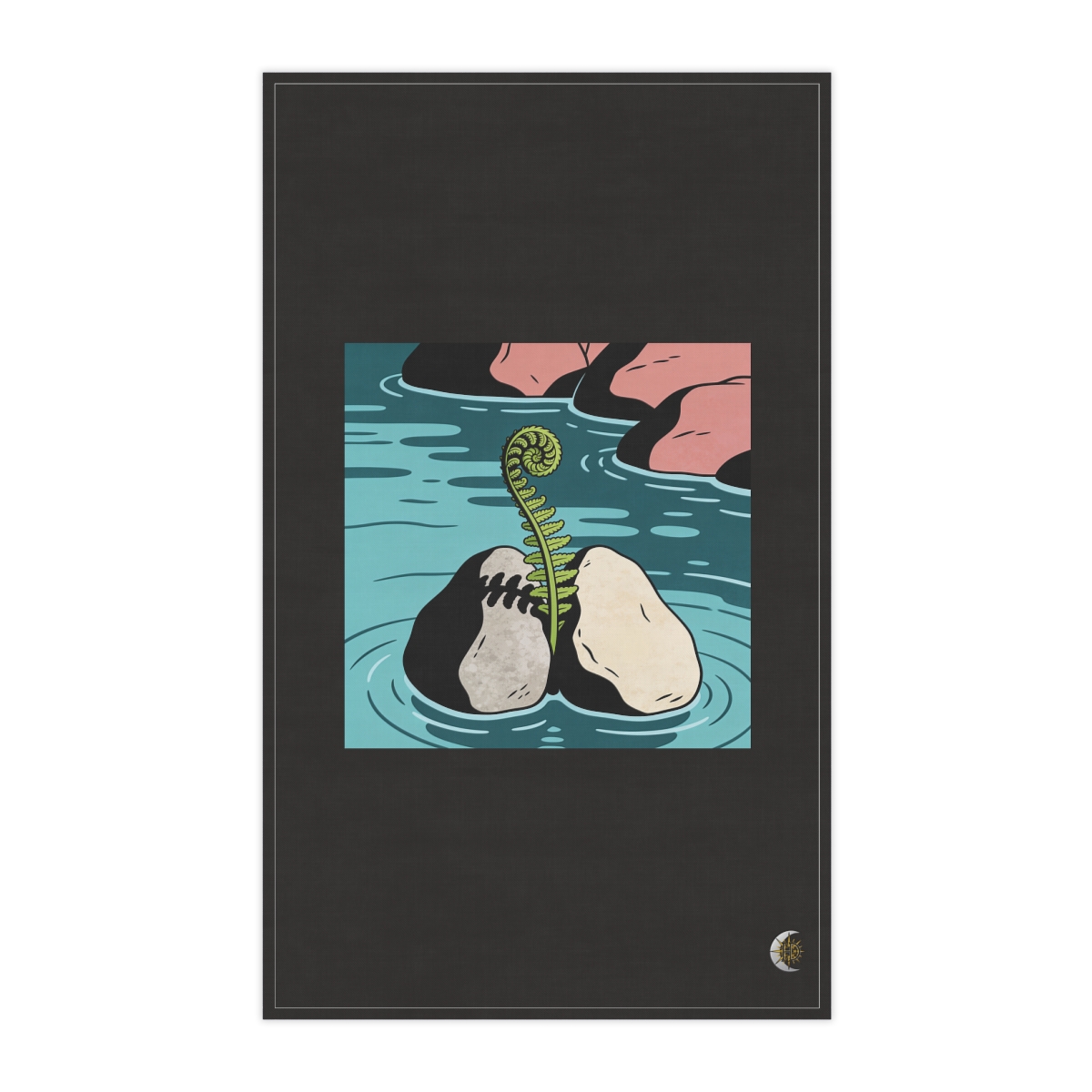 HD Unfurling fern emerging between two broad river stones 100% Cotton Twill Tea Towel