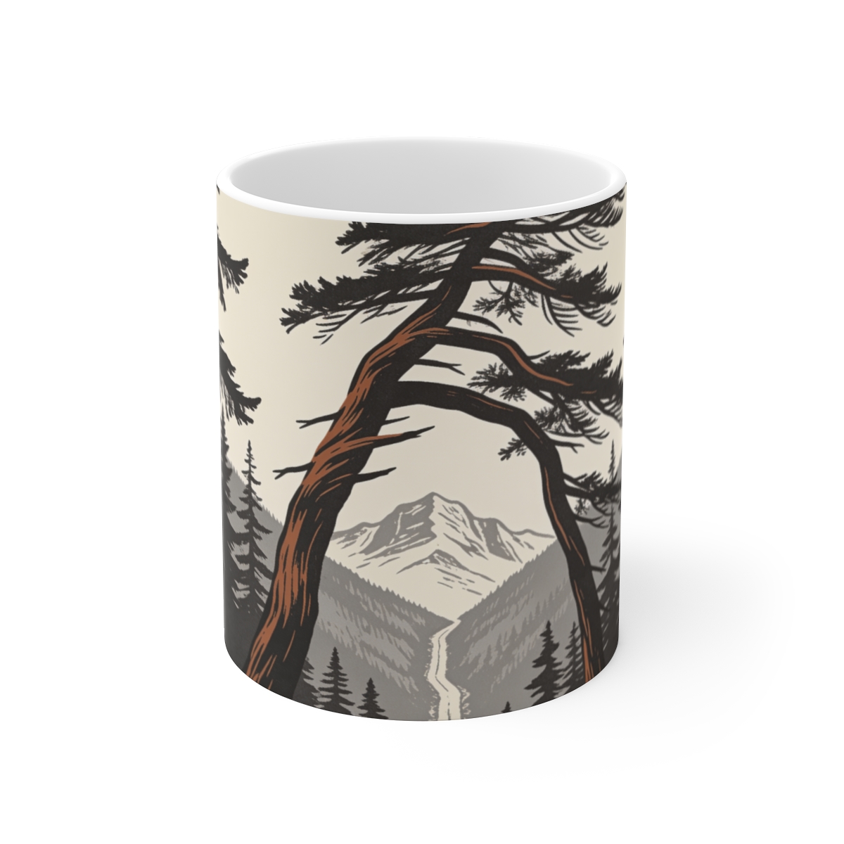 HD Wind-bent cedar framing a narrow distant mountain pass Ceramic Mug 11oz