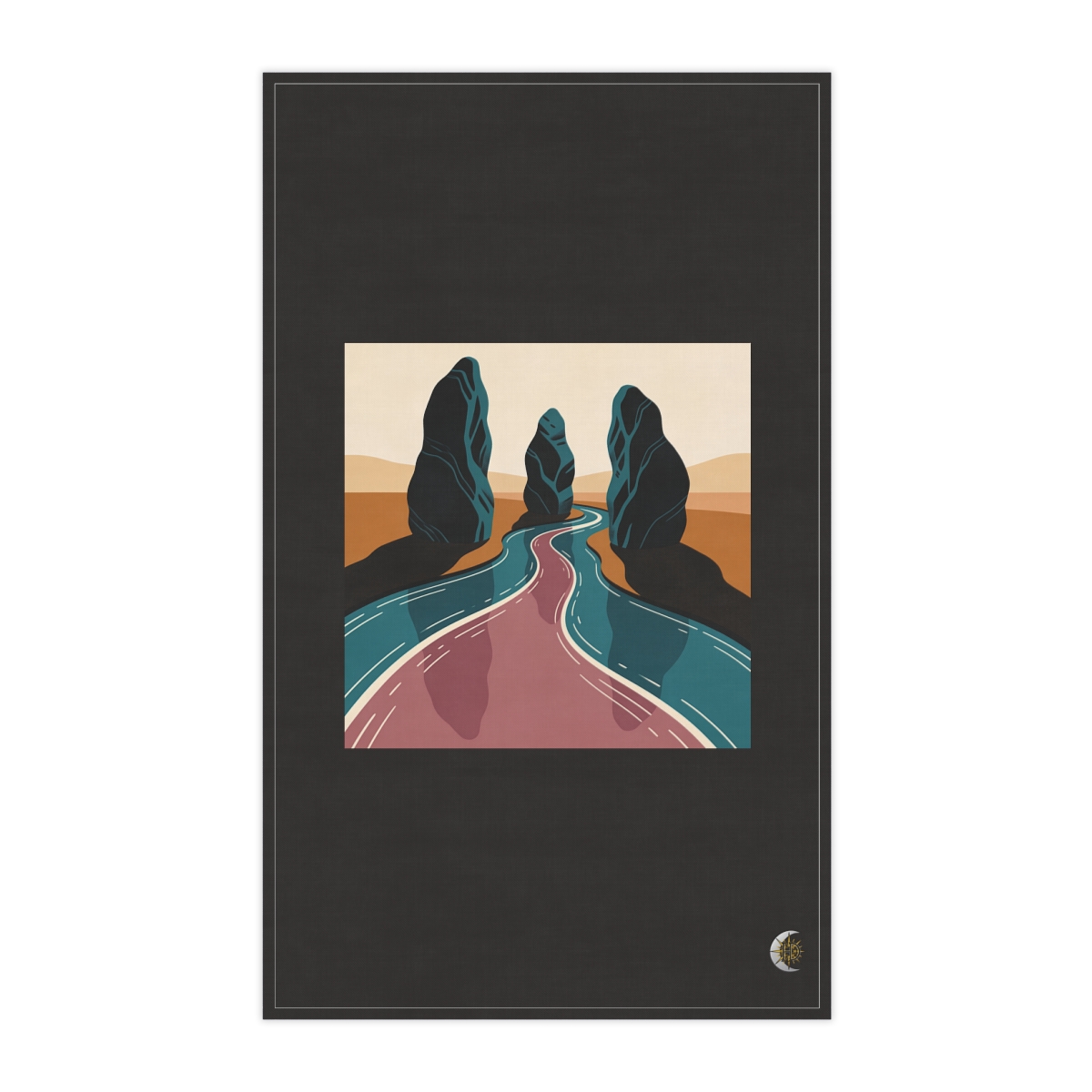HD Narrow estuary flowing between three sculptural stone masses 100% Cotton Twill Tea Towel