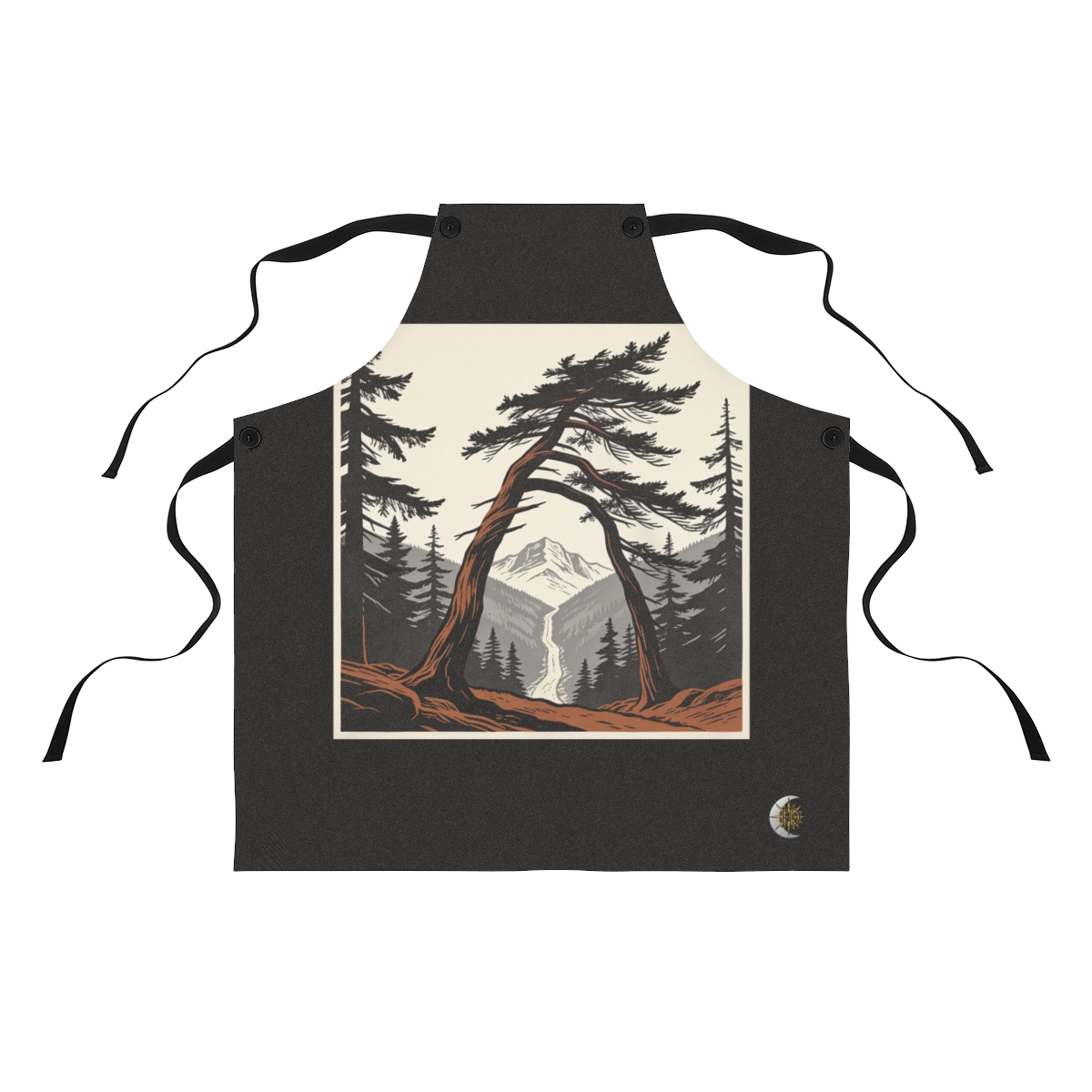 HD Wind-bent cedar framing a narrow distant mountain pass Polyester Kitchen Apron