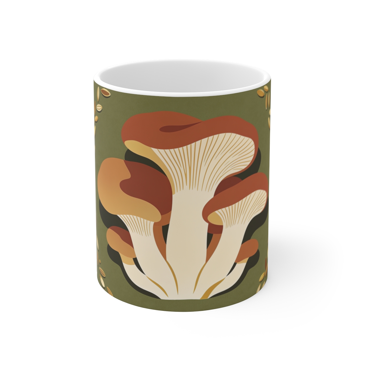 HD Oyster mushrooms surrounded by an arc of scattered seeds Ceramic Mug 11oz
