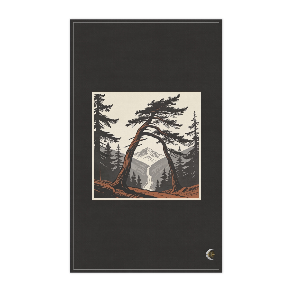 HD Wind-bent cedar framing a narrow distant mountain pass 100% Cotton Twill Tea Towel