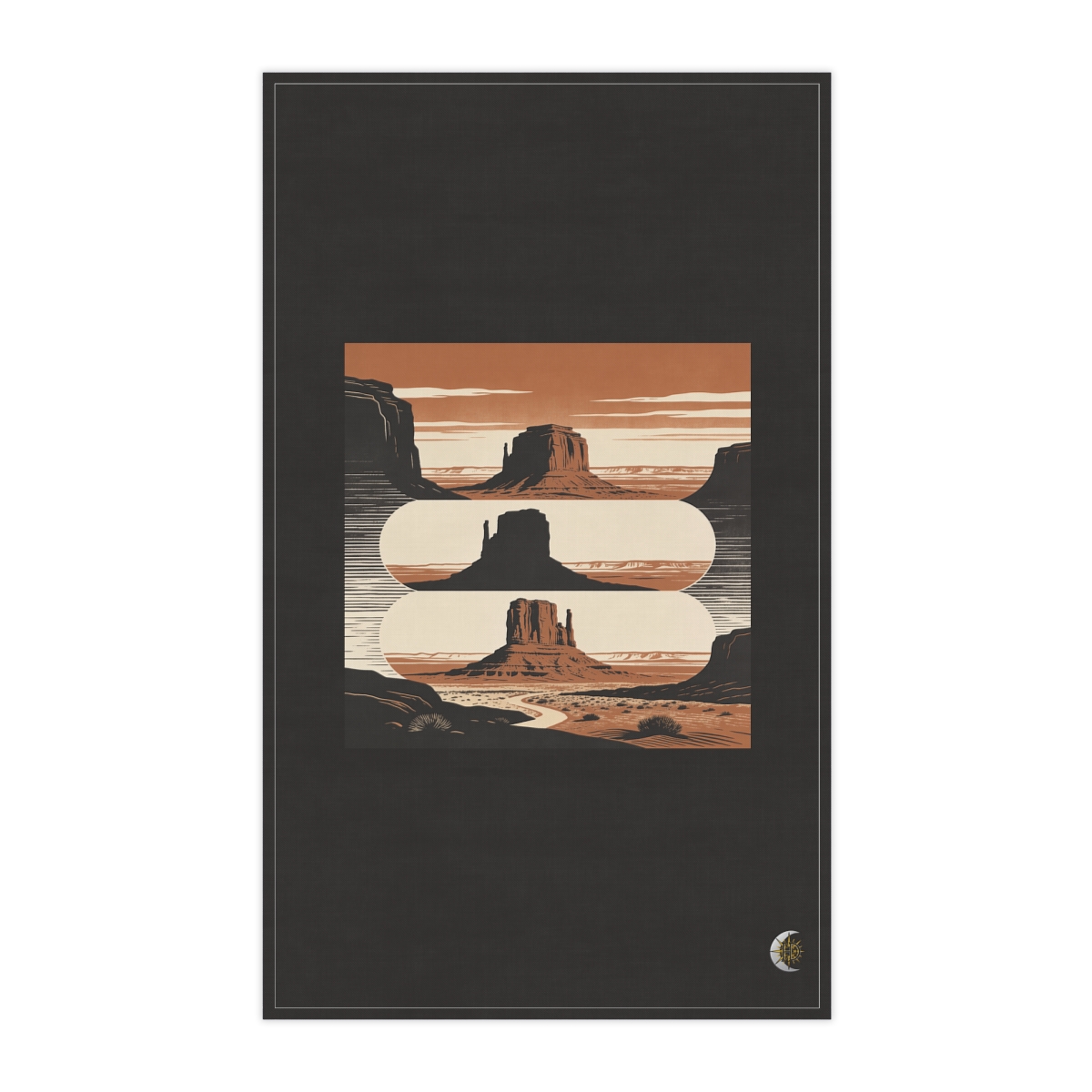 HD Desert mesa reduced to three interlocking silhouette layers 100% Cotton Twill Tea Towel