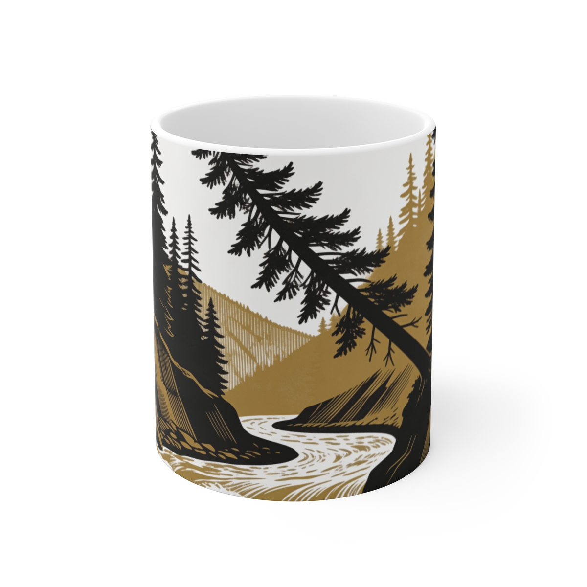 HD Spruce crown leaning above a swift river bend Ceramic Mug 11oz