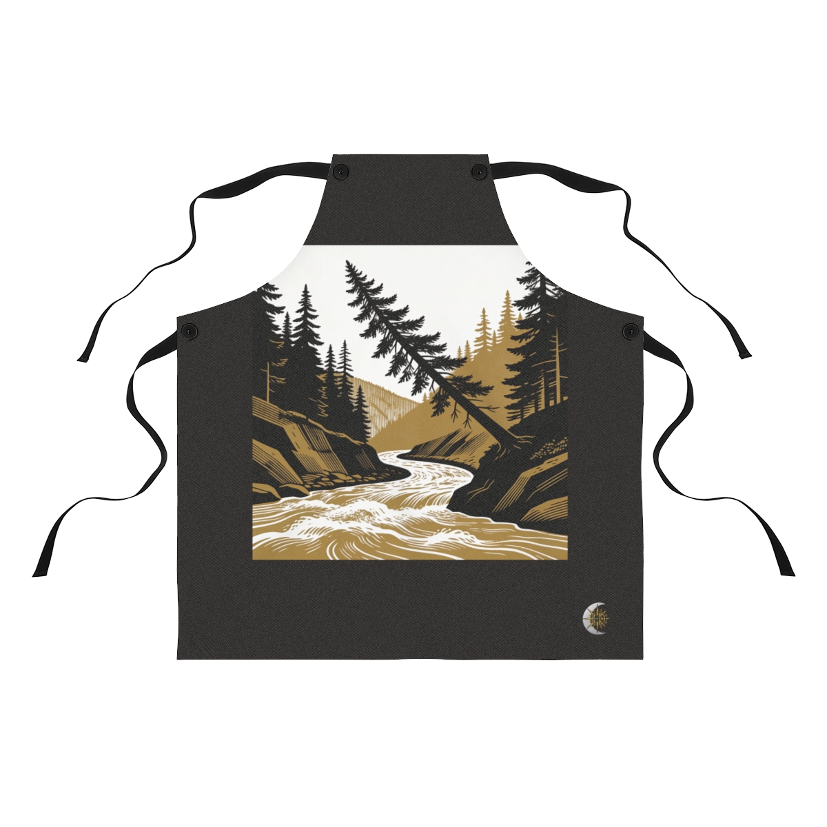 HD Spruce crown leaning above a swift river bend Polyester Kitchen Apron
