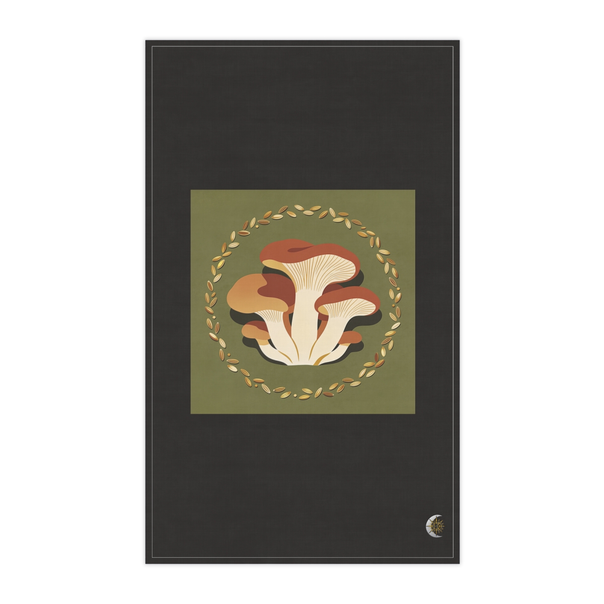 HD Oyster mushrooms surrounded by an arc of scattered seeds 100% Cotton Twill Tea Towel