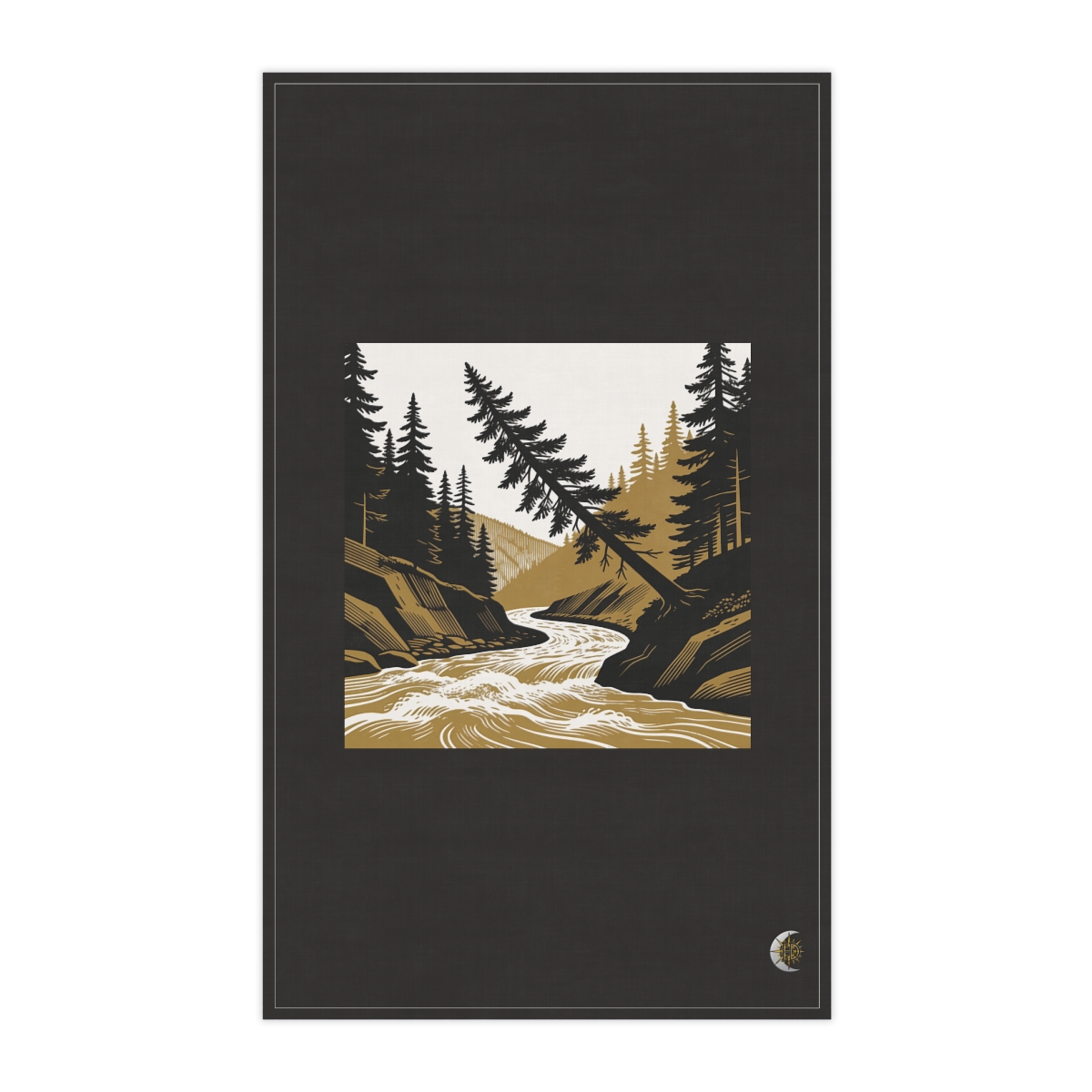HD Spruce crown leaning above a swift river bend 100% Cotton Twill Tea Towel