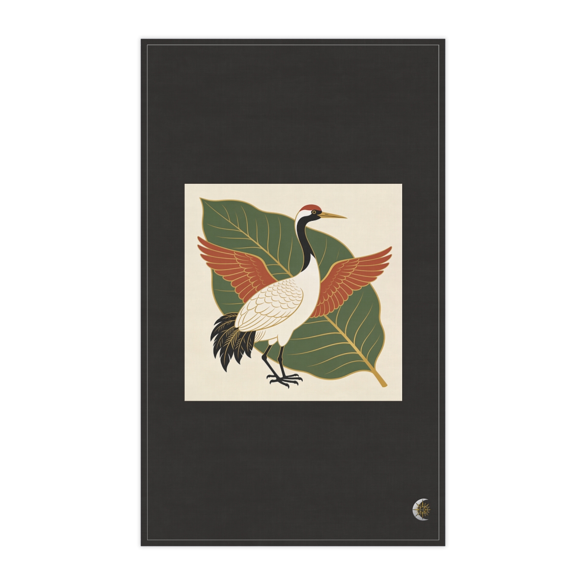 HD Crane framed by one oversized leaf 100% Cotton Twill Tea Towel