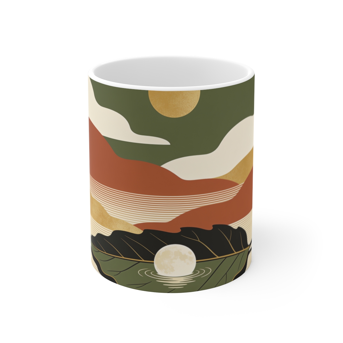 HD Moon in a leaf-shaped lake arranged as overlapping flat color shapes Ceramic Mug 11oz