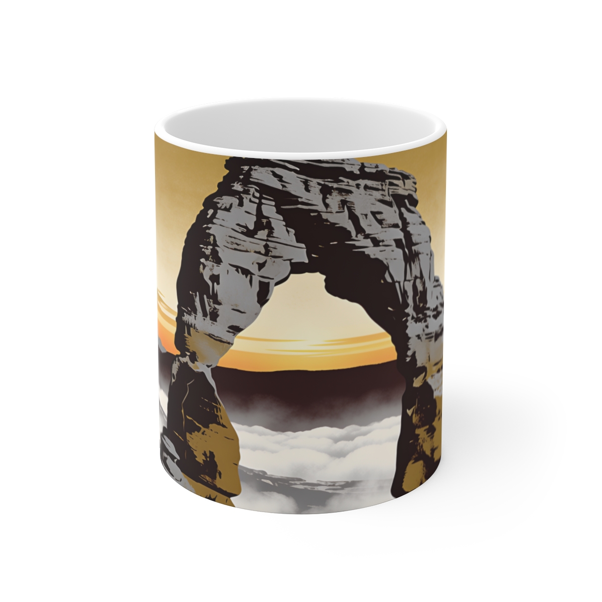 HD Coastal basalt arch rising above a broad belt of fog Ceramic Mug 11oz