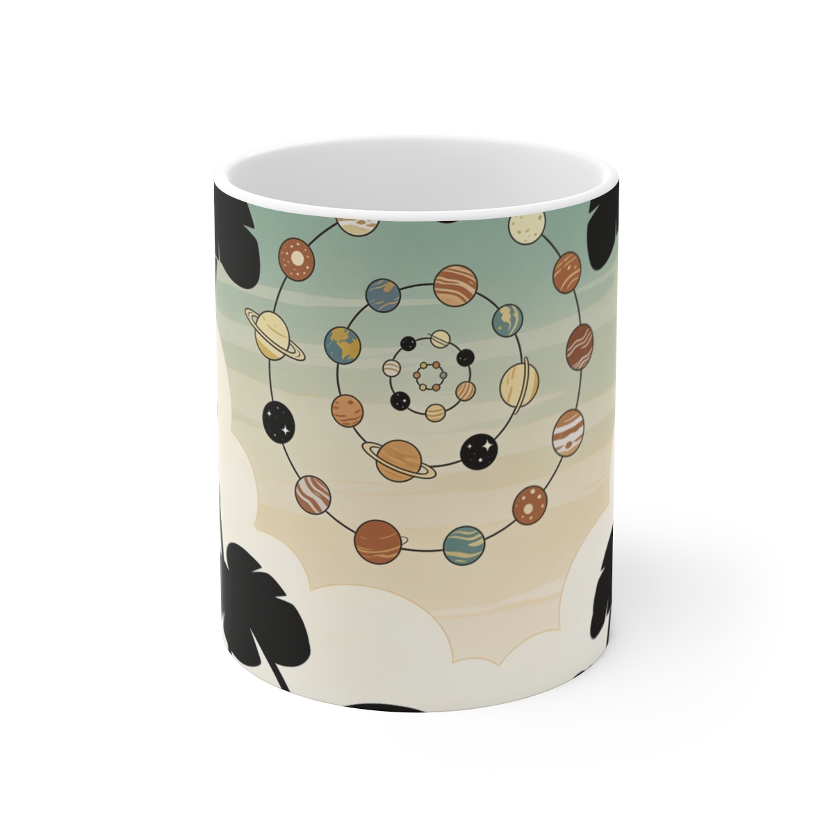 HD Spiral of small planets interlocking with broad plant silhouettes Ceramic Mug 11oz