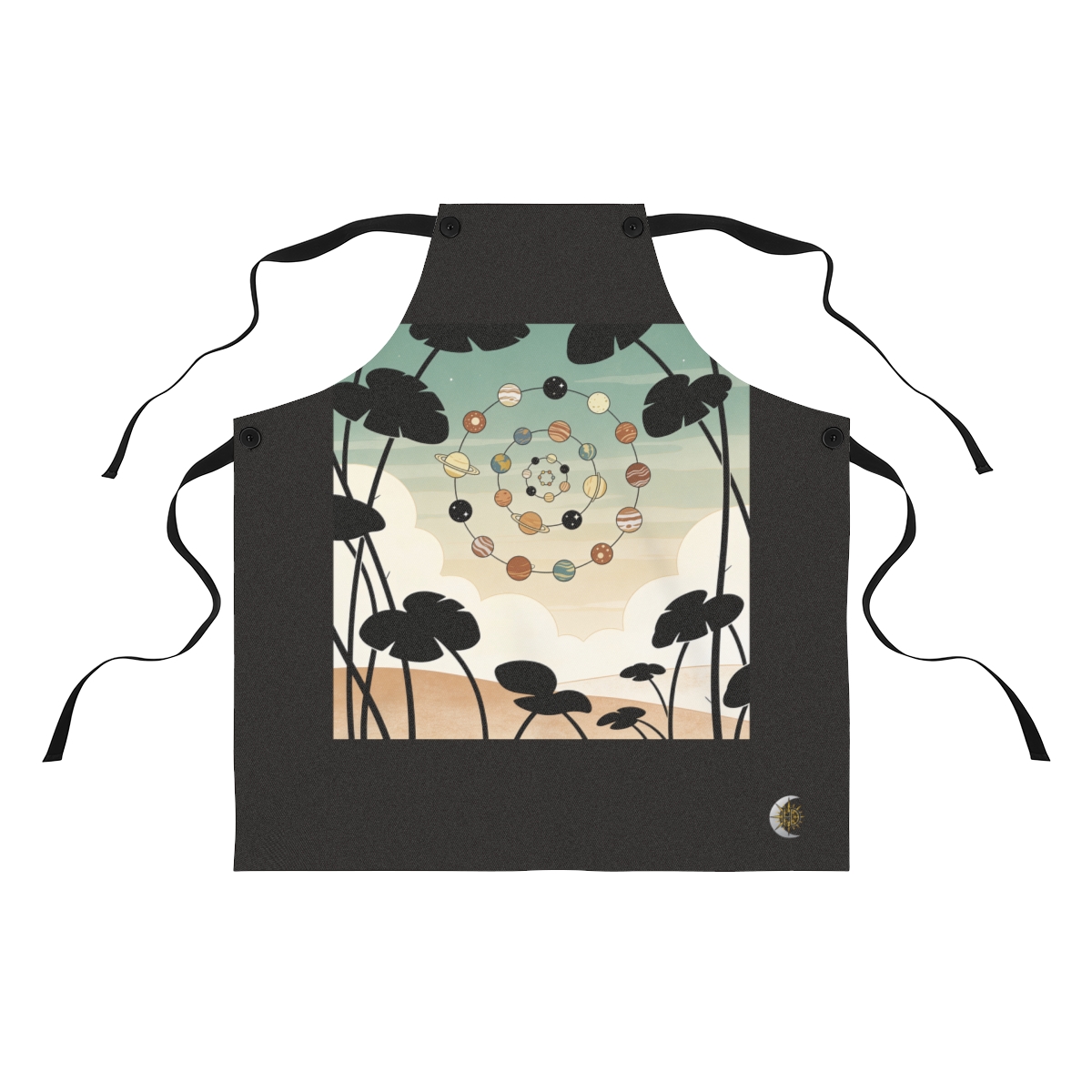 HD Spiral of small planets interlocking with broad plant silhouettes Polyester Kitchen Apron