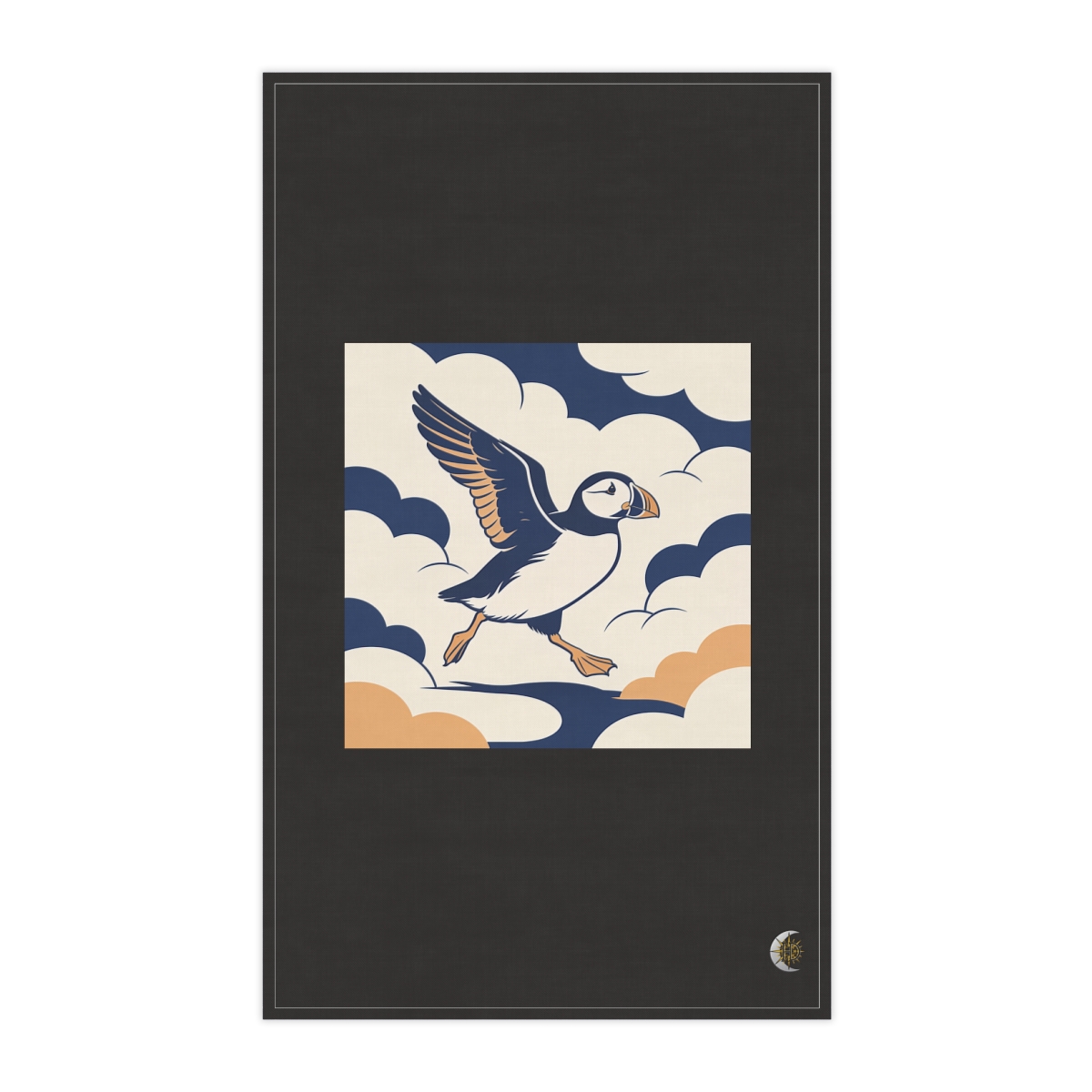 HD Puffin crossing the scene with one wing lifted 100% Cotton Twill Tea Towel