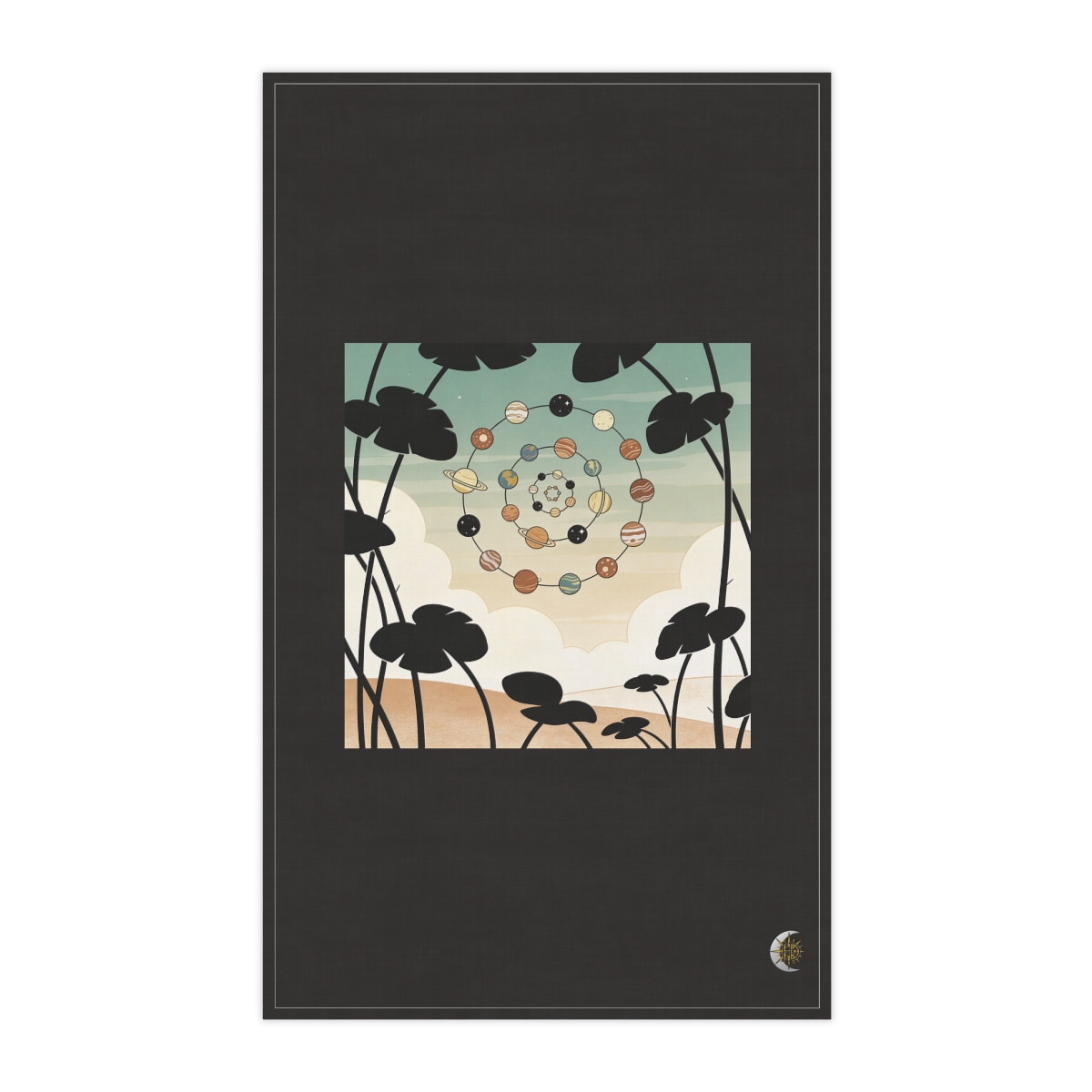 HD Spiral of small planets interlocking with broad plant silhouettes 100% Cotton Twill Tea Towel