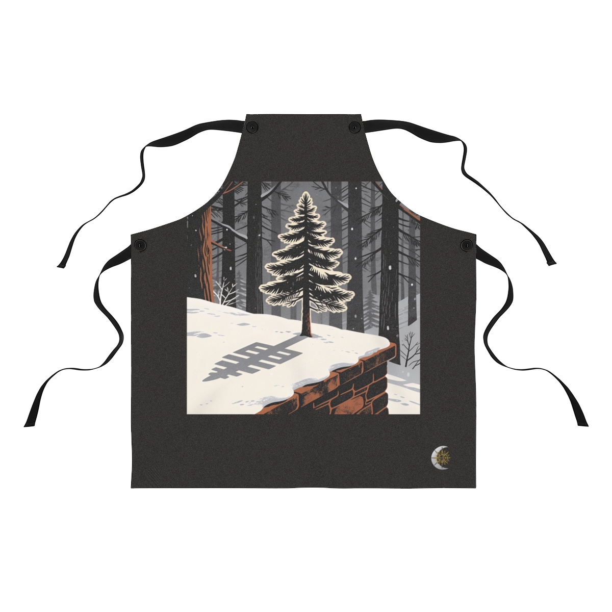 HD Pine on a ledge crossing an illustrated graphic shadow over snow Polyester Kitchen Apron