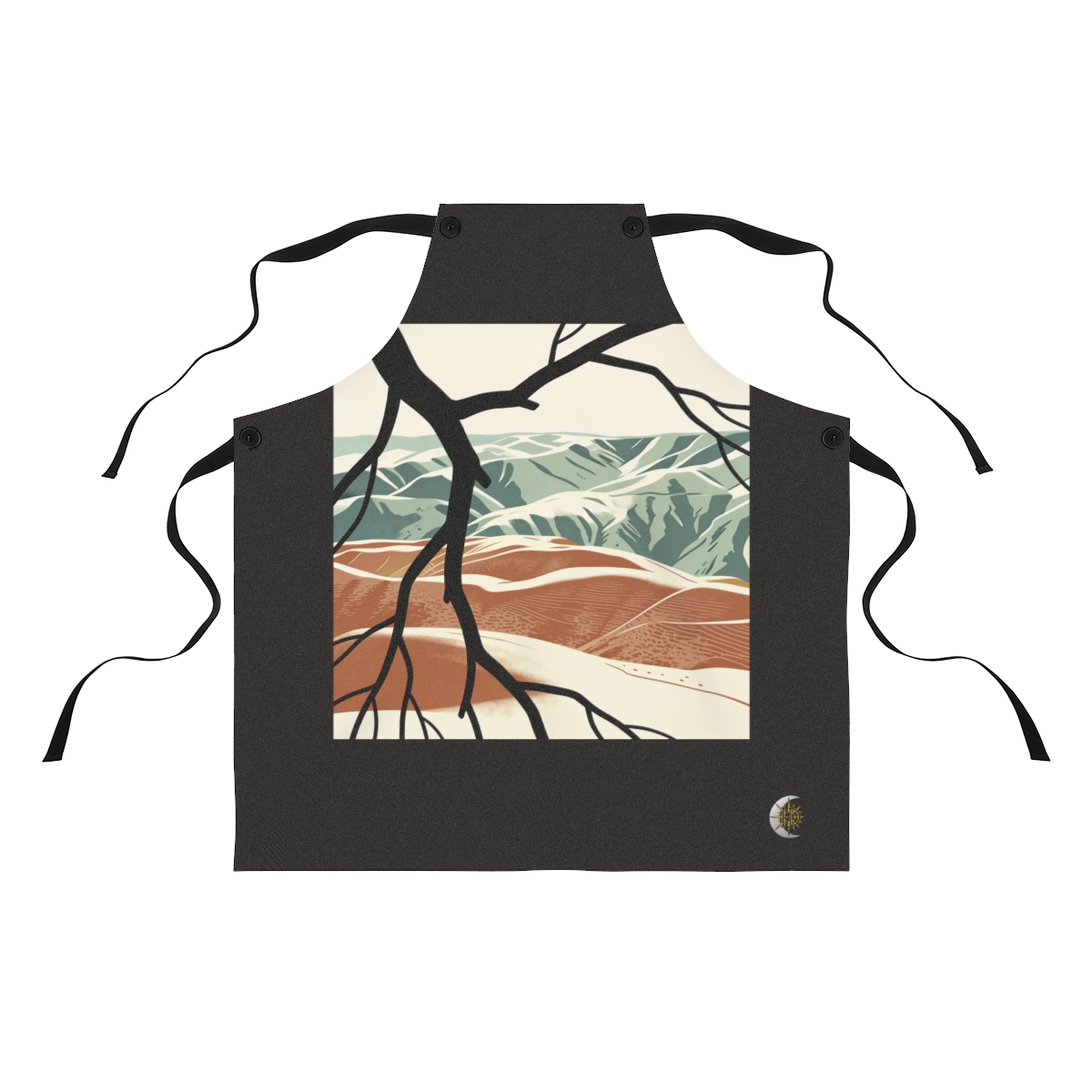 HD Layered valley hills framed by one foreground branch Polyester Kitchen Apron