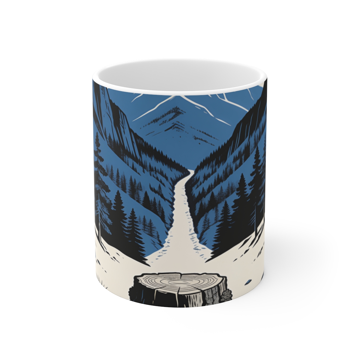 HD Oak stump framing a narrow distant mountain pass Ceramic Mug 11oz