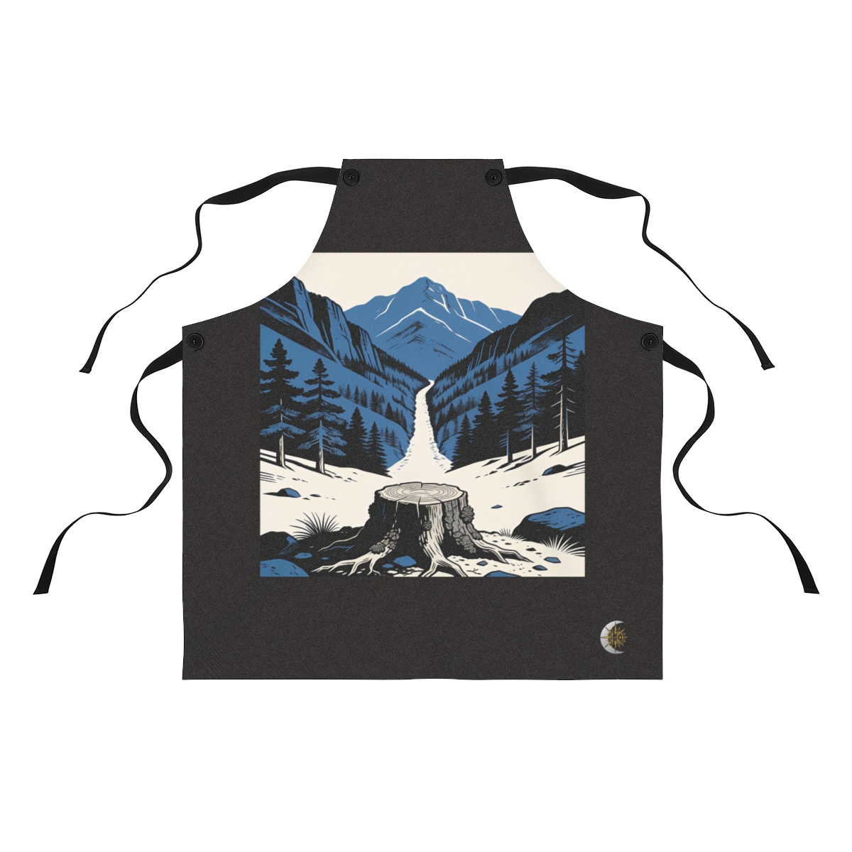 HD Oak stump framing a narrow distant mountain pass Polyester Kitchen Apron