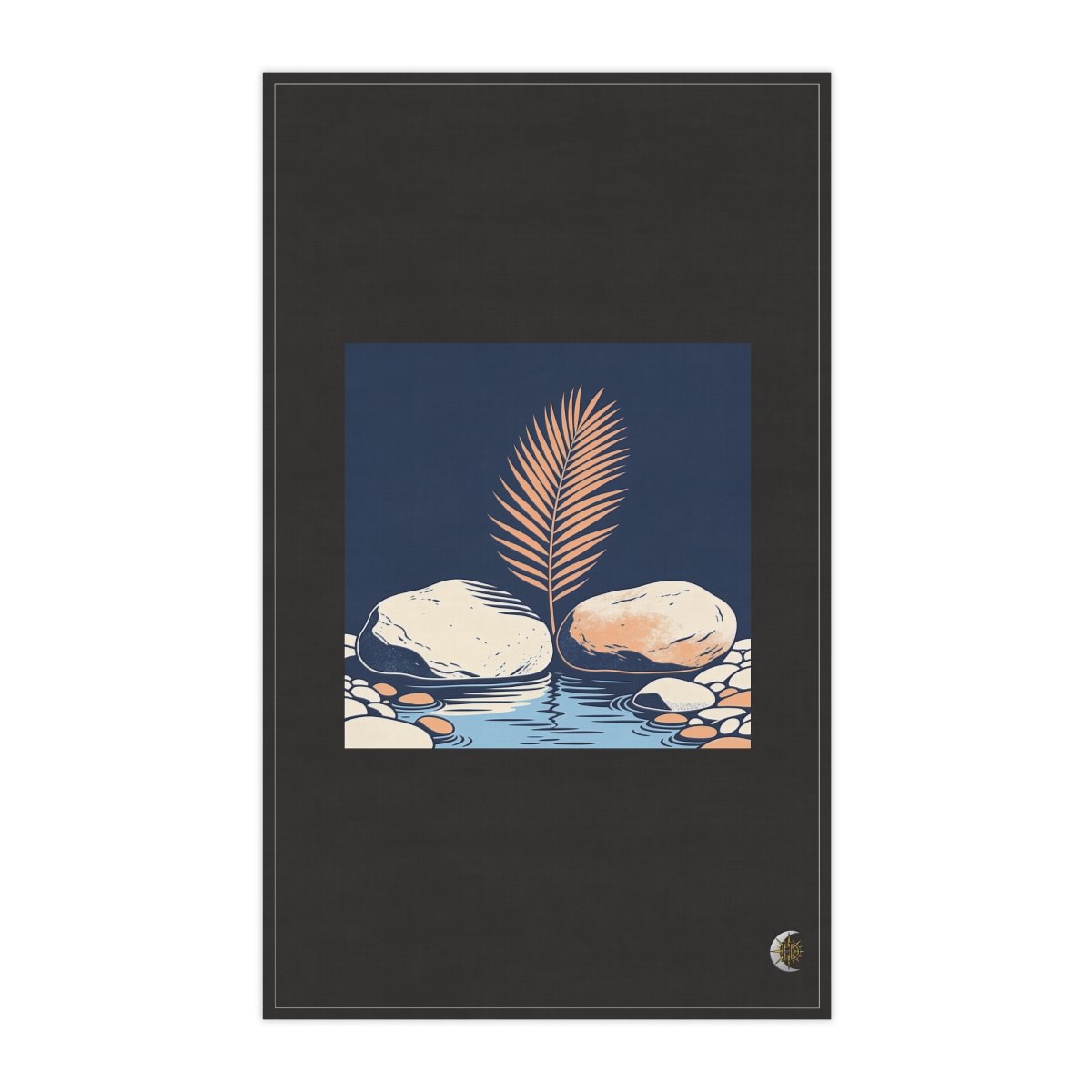 HD Palm frond emerging between two broad river stones 100% Cotton Twill Tea Towel