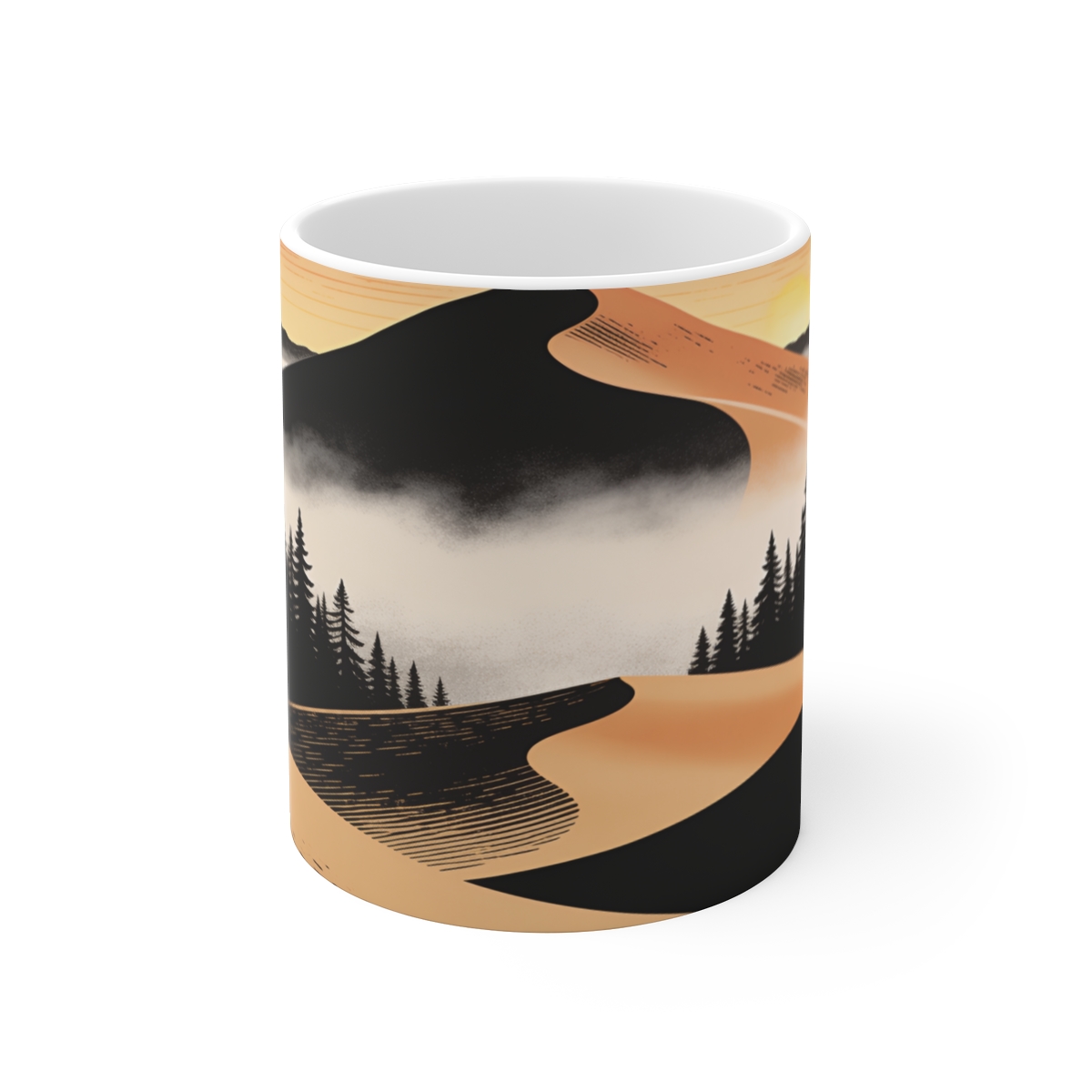 HD Dune crest rising above a broad belt of fog Ceramic Mug 11oz