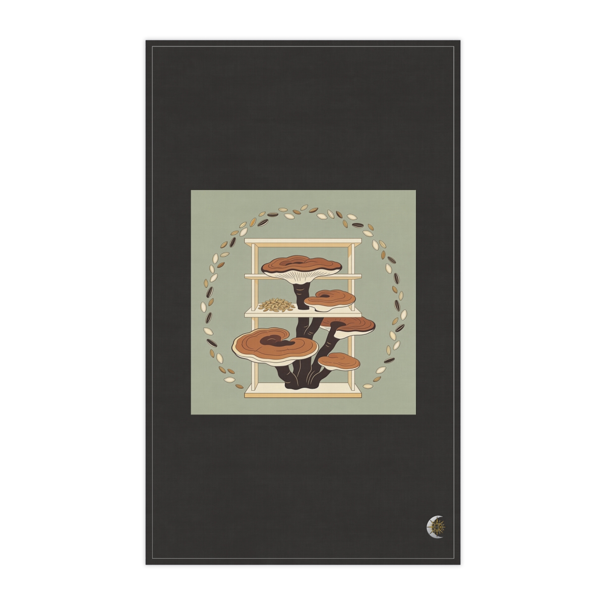 HD Reishi shelf surrounded by an arc of scattered seeds 100% Cotton Twill Tea Towel