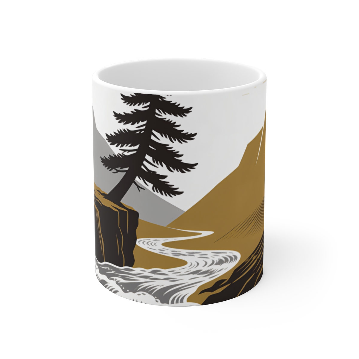 HD Pine on a ledge leaning above a swift river bend Ceramic Mug 11oz