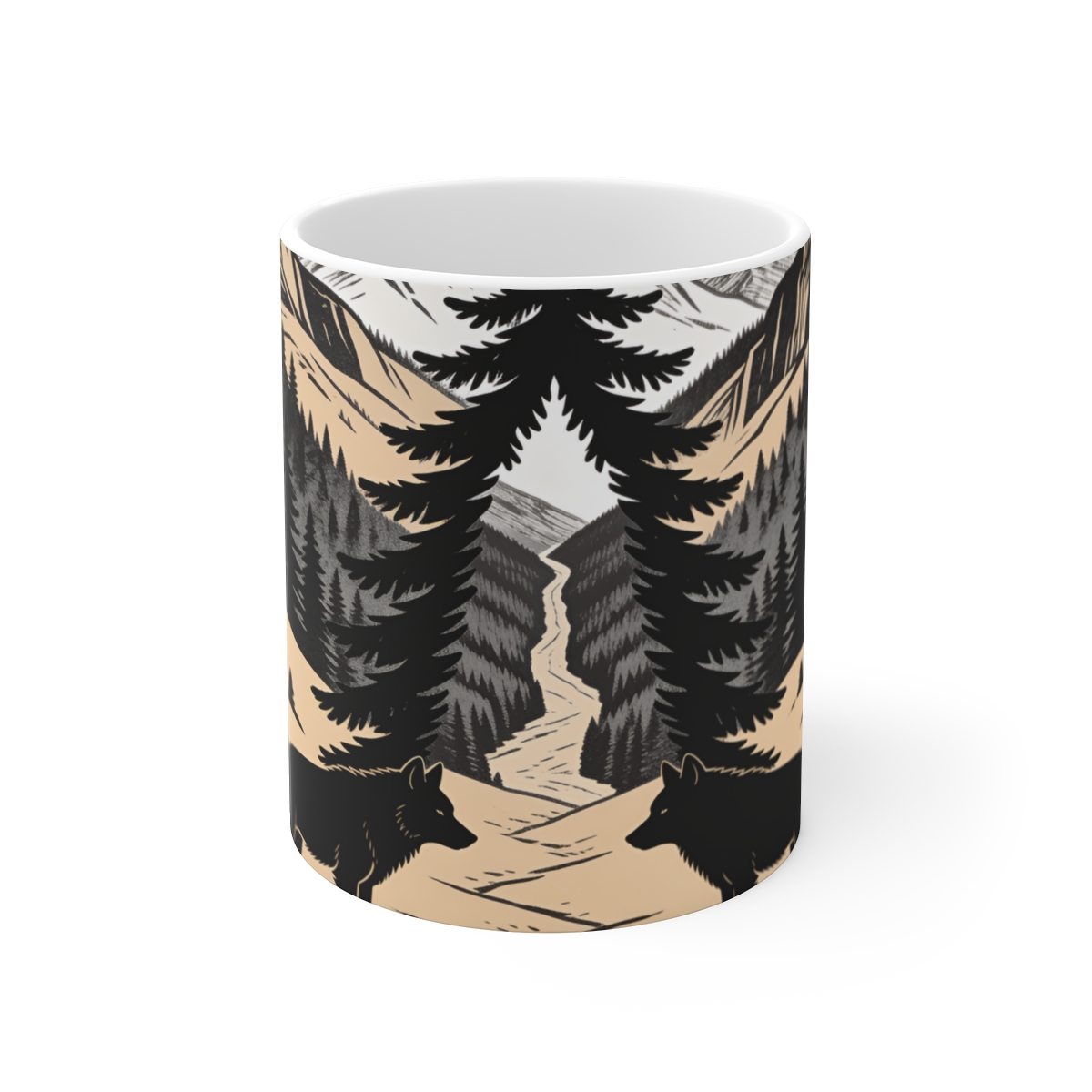 HD Spruce crown framing a narrow distant mountain pass Ceramic Mug 11oz