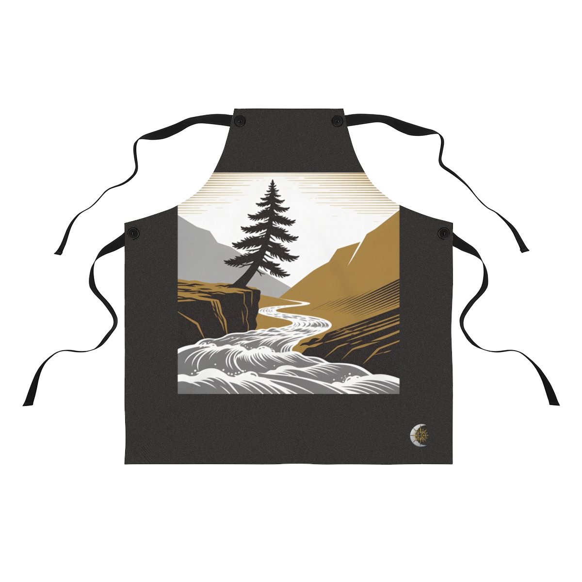 HD Pine on a ledge leaning above a swift river bend Polyester Kitchen Apron