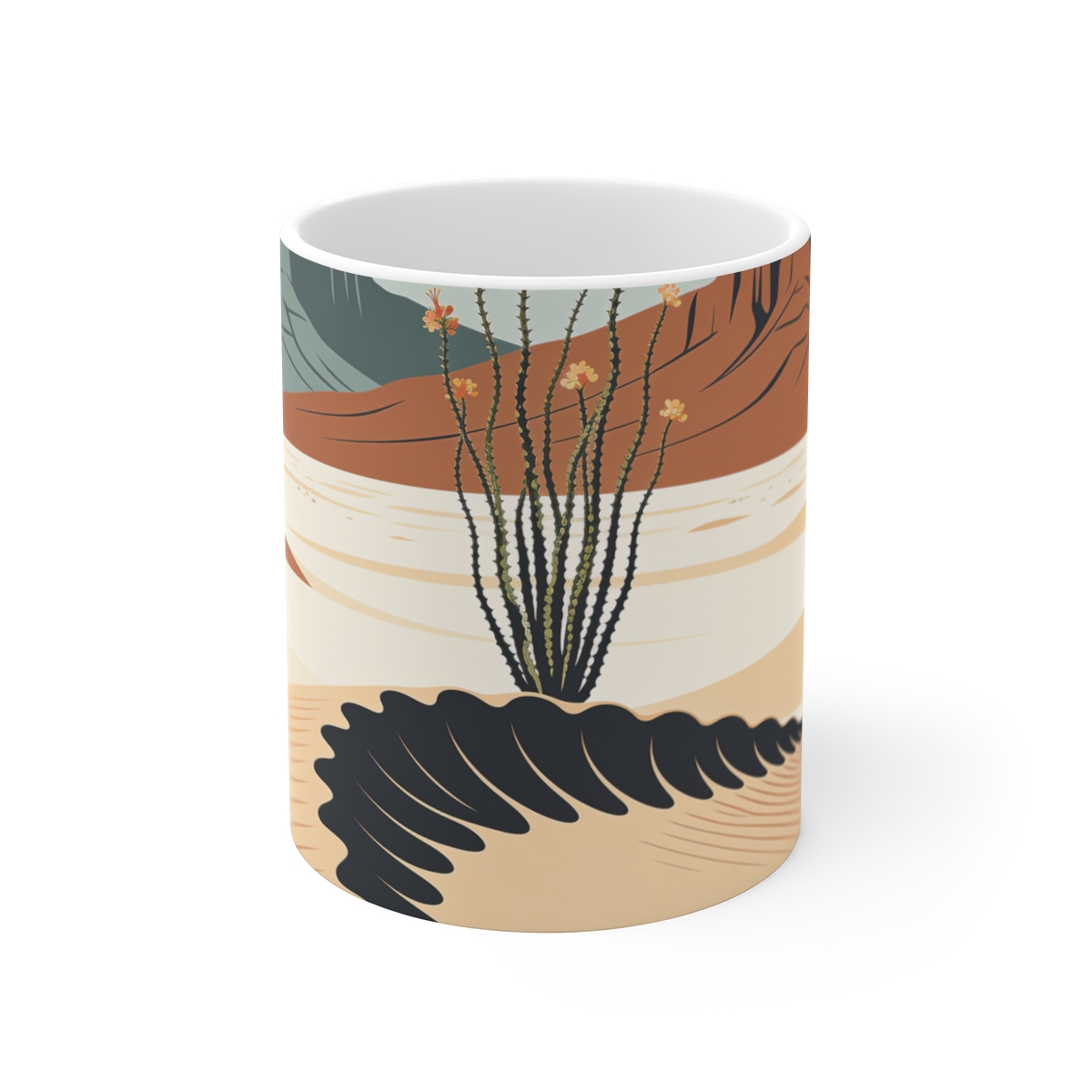 HD Flowering ocotillo rising behind a scalloped dune Ceramic Mug 11oz