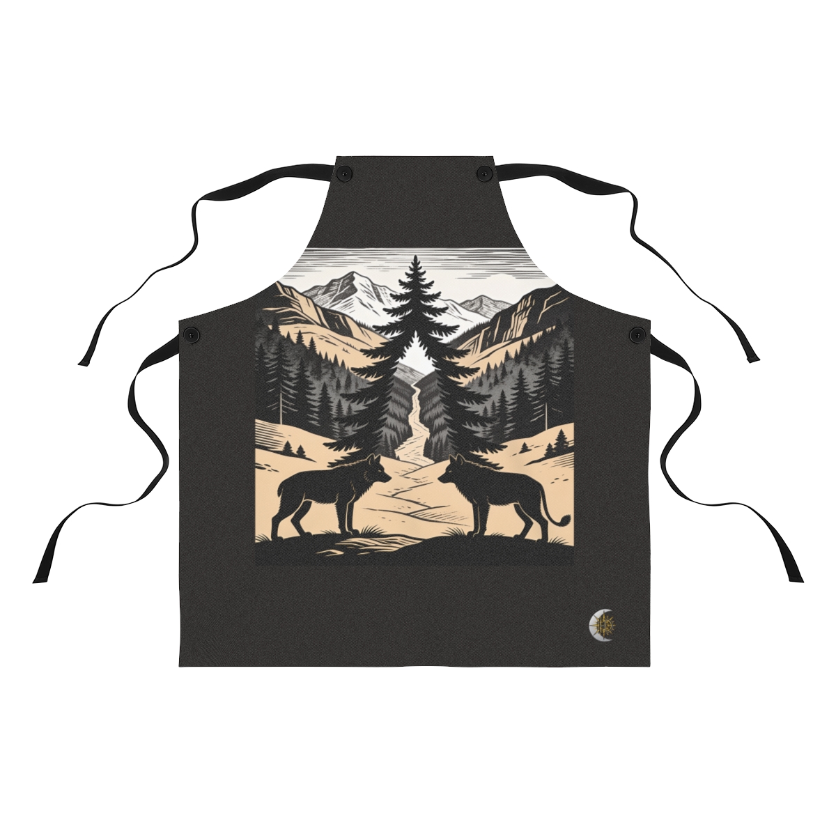 HD Spruce crown framing a narrow distant mountain pass Polyester Kitchen Apron