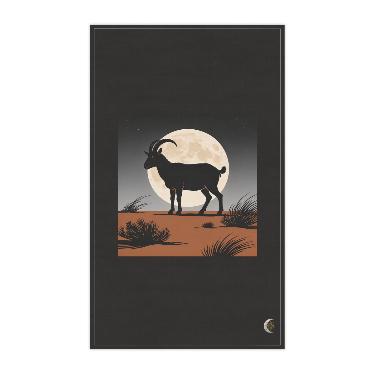 HD Mountain goat silhouetted below an enormous moon 100% Cotton Twill Tea Towel