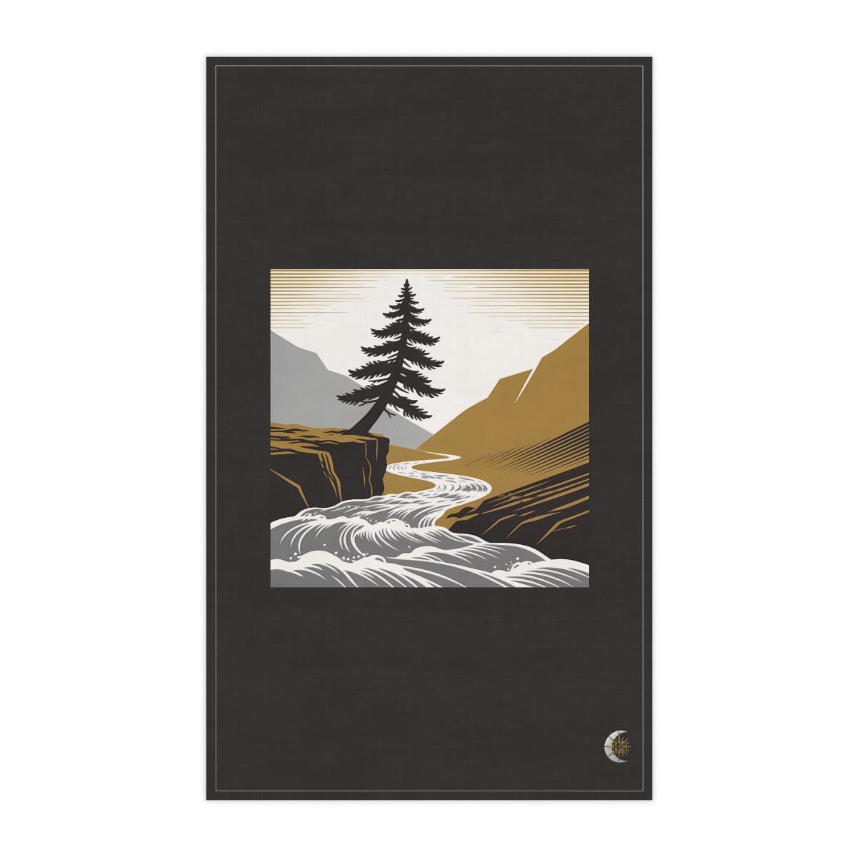 HD Pine on a ledge leaning above a swift river bend 100% Cotton Twill Tea Towel