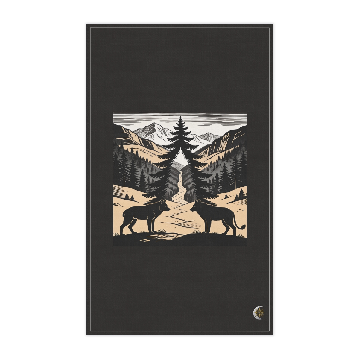 HD Spruce crown framing a narrow distant mountain pass 100% Cotton Twill Tea Towel
