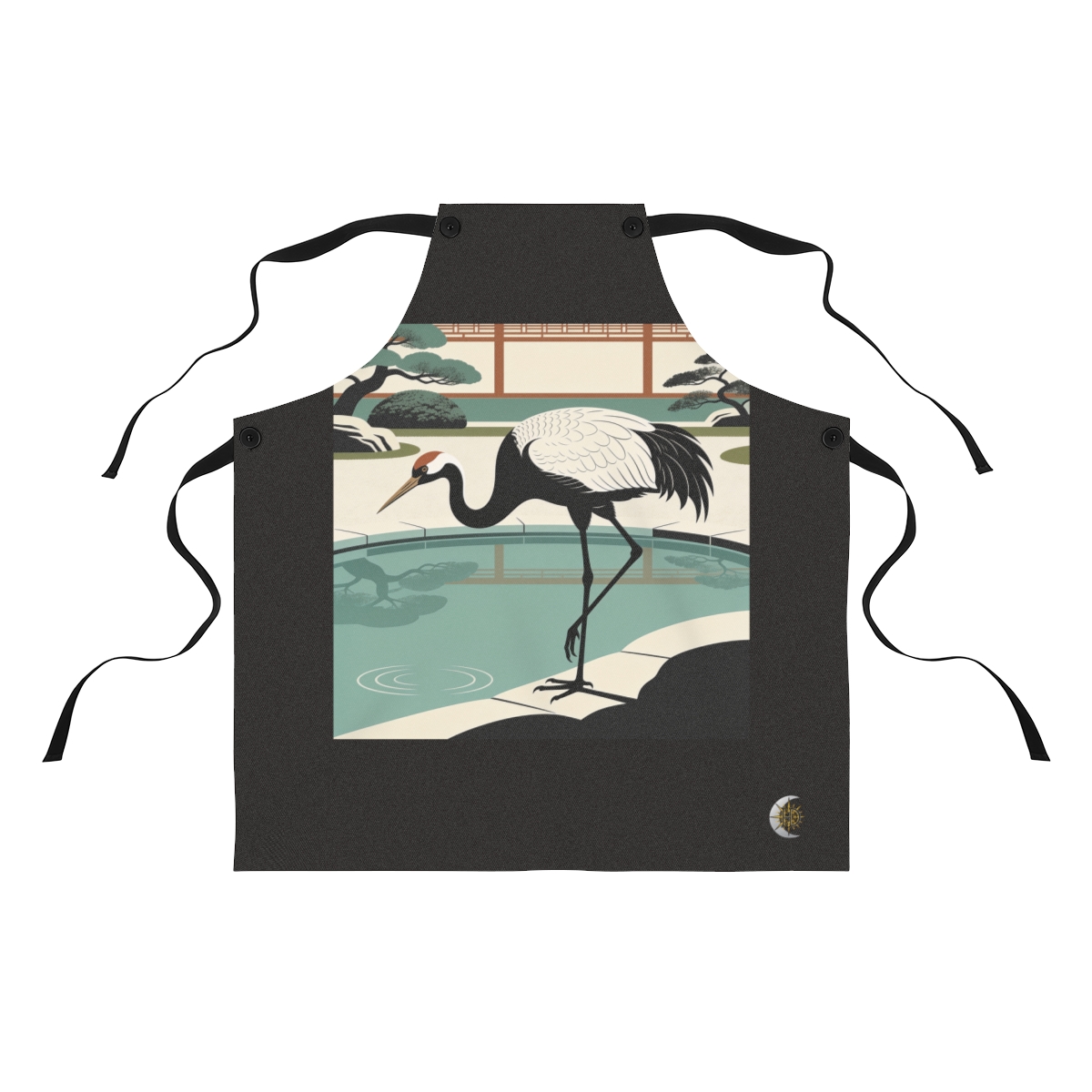 HD Crane pausing beside a reflective pool Polyester Kitchen Apron