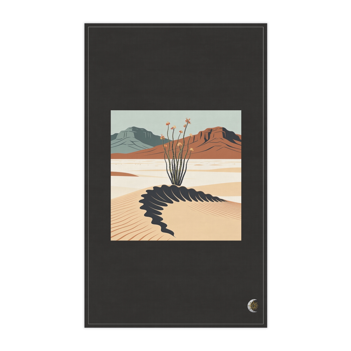 HD Flowering ocotillo rising behind a scalloped dune 100% Cotton Twill Tea Towel