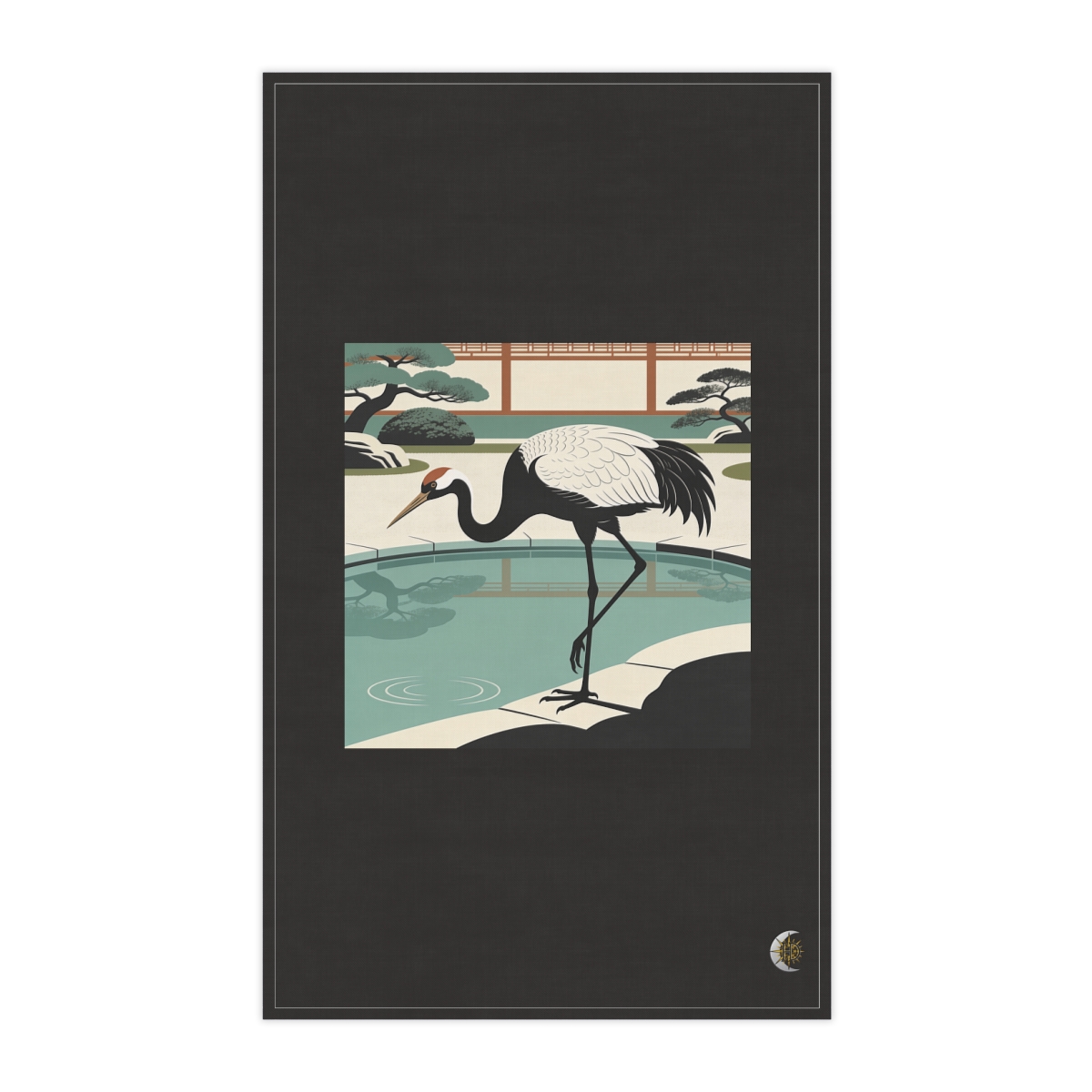 HD Crane pausing beside a reflective pool 100% Cotton Twill Tea Towel