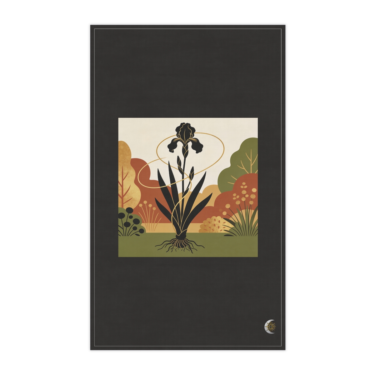 HD Iris rhizome interwoven with a single looping wind line 100% Cotton Twill Tea Towel