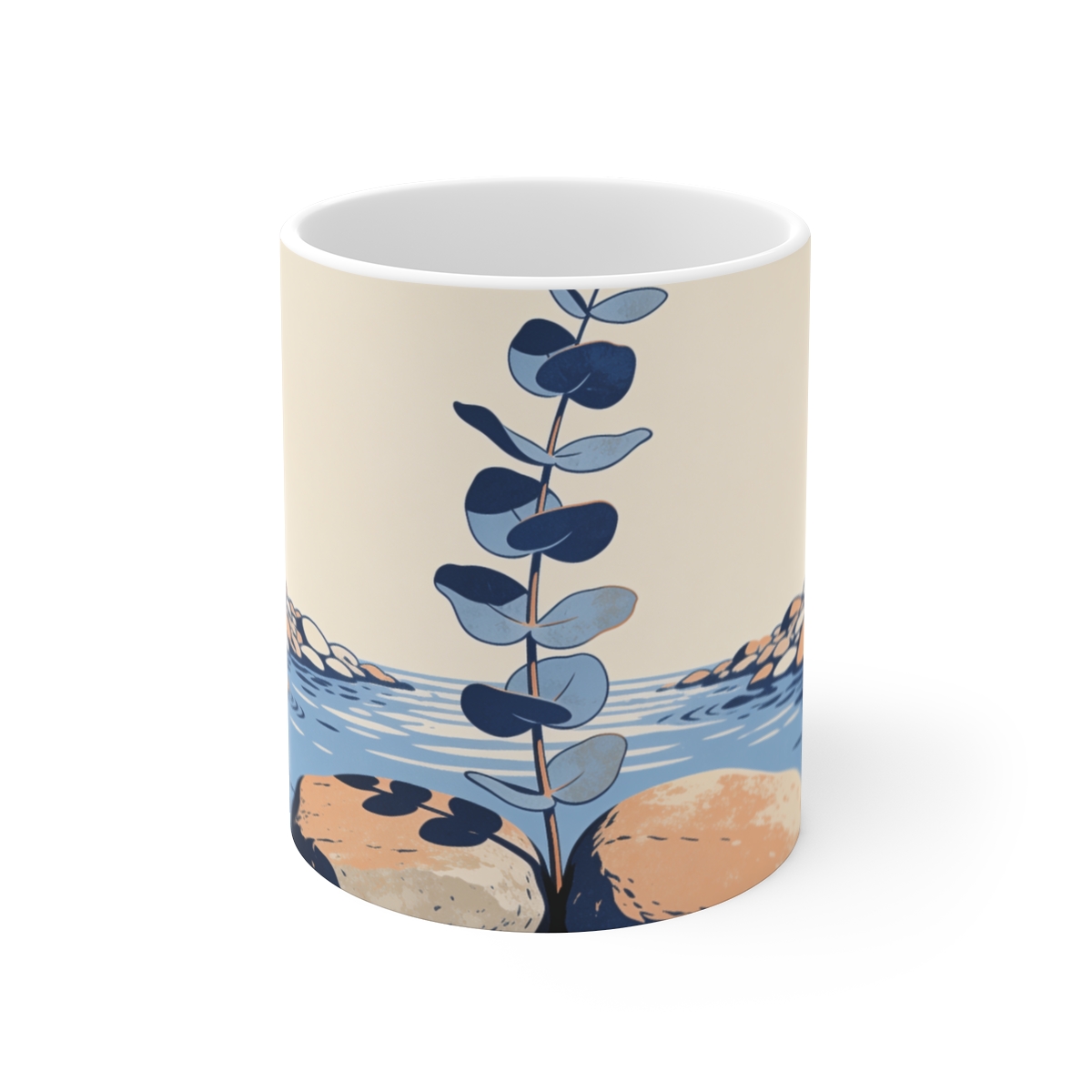 HD Eucalyptus stem emerging between two broad river stones Ceramic Mug 11oz