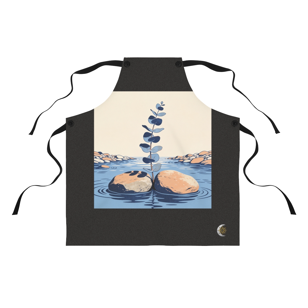 HD Eucalyptus stem emerging between two broad river stones Polyester Kitchen Apron