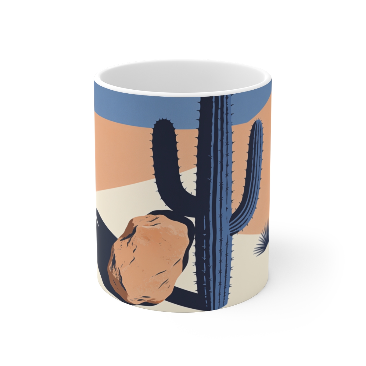 HD Saguaro balanced beside an irregular clay-colored rock Ceramic Mug 11oz